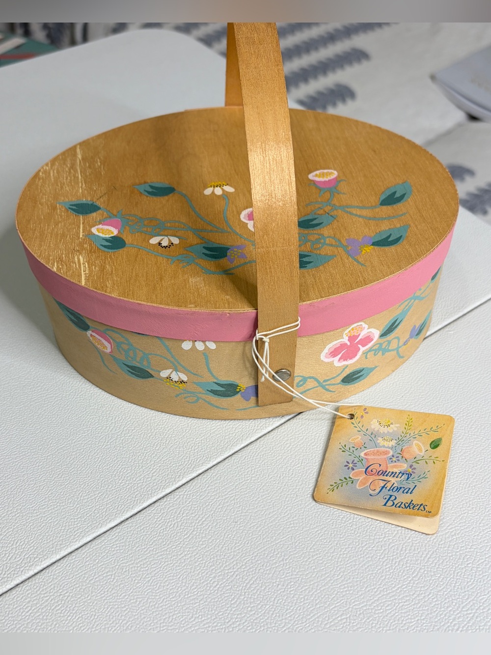 Vintage 1986 Applause Country Floral Wooden Basket Folk Art Cottagecore Decor